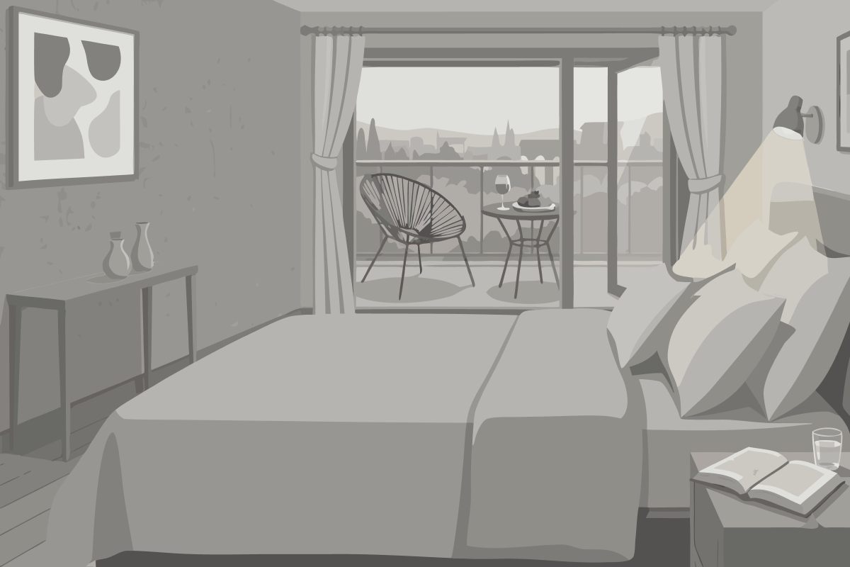 Dreibettzimmer mit Poolblick